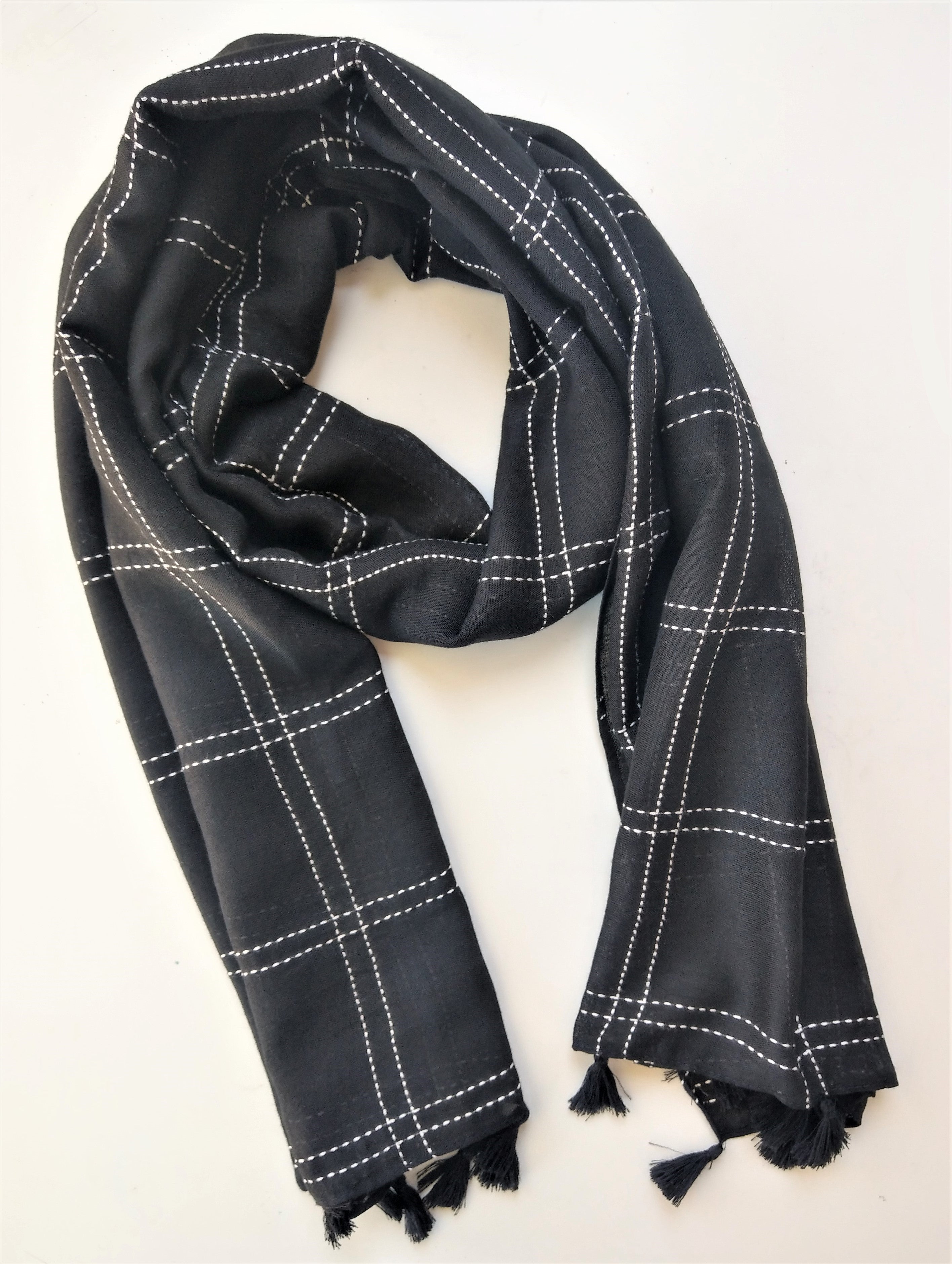Vibrant Black Scarf with Embroidered Stripes