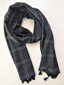 Vibrant Black Scarf with Embroidered Stripes