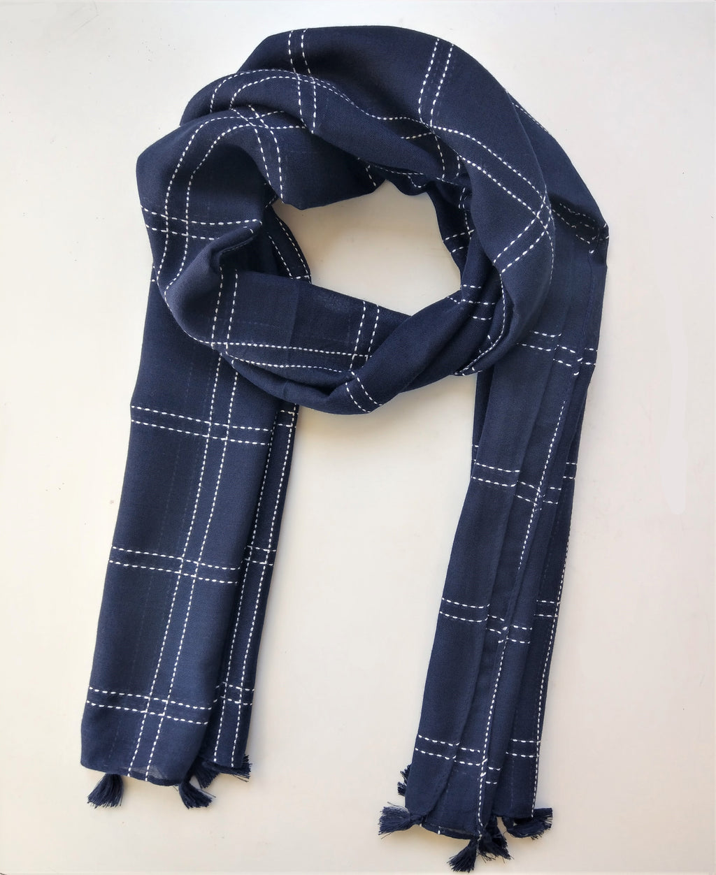 Vibrant Navy Blue Scarf with Embroidered Stripes