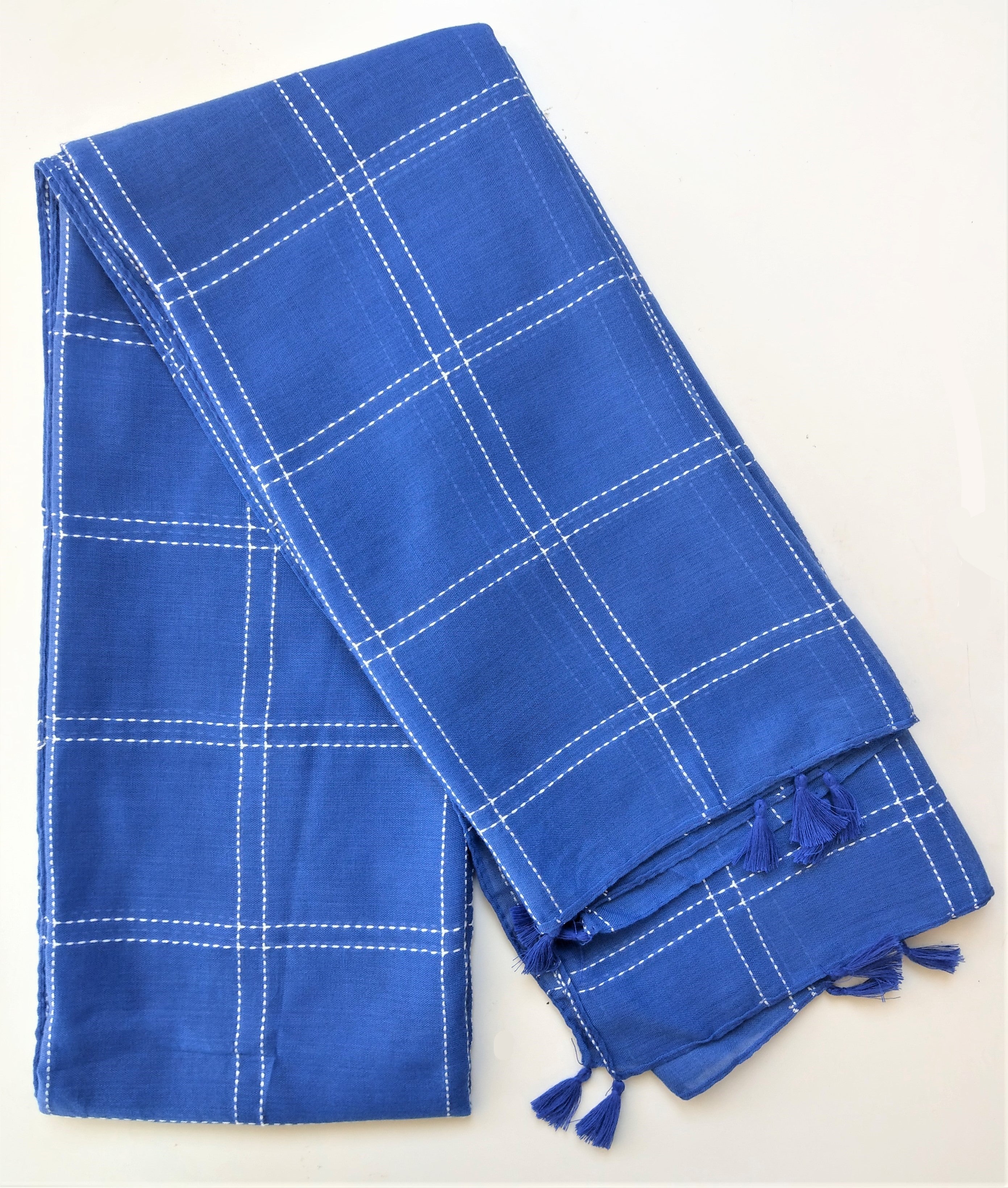 Vibrant Blue Scarf with Embroidered Stripes