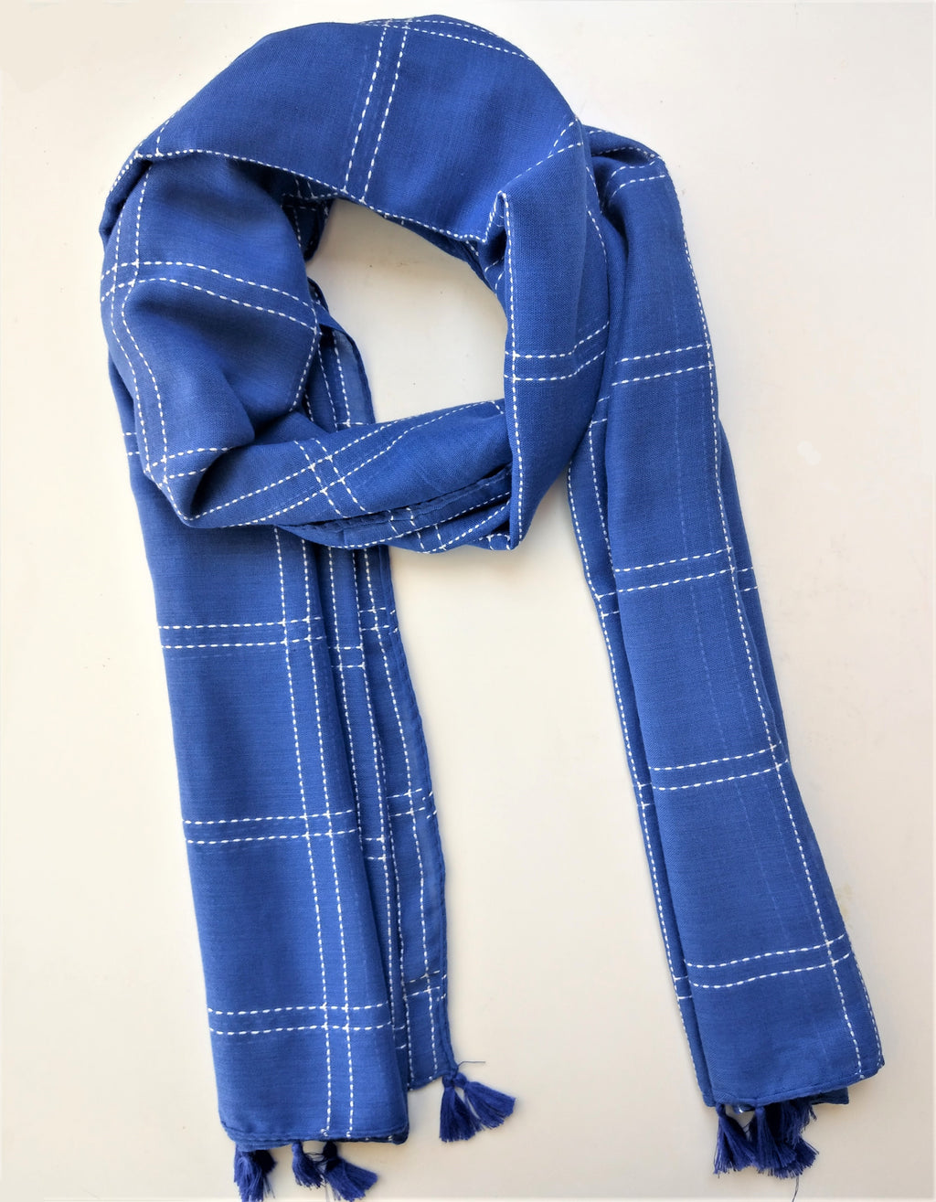Vibrant Blue Scarf with Embroidered Stripes