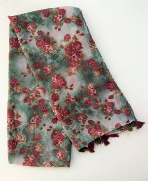 Green Scarf with Red Floral Print