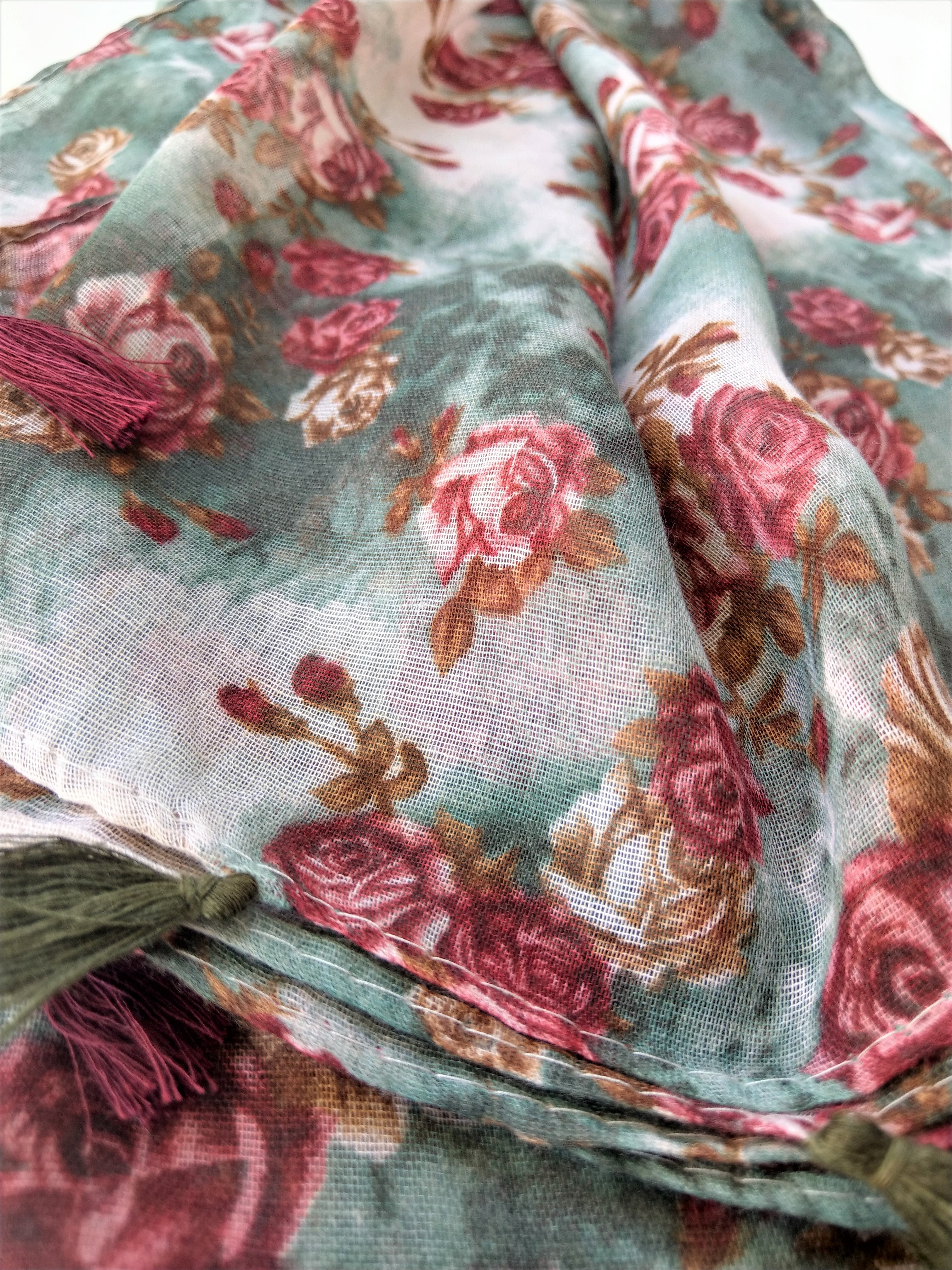 Green Scarf with Red Floral Print