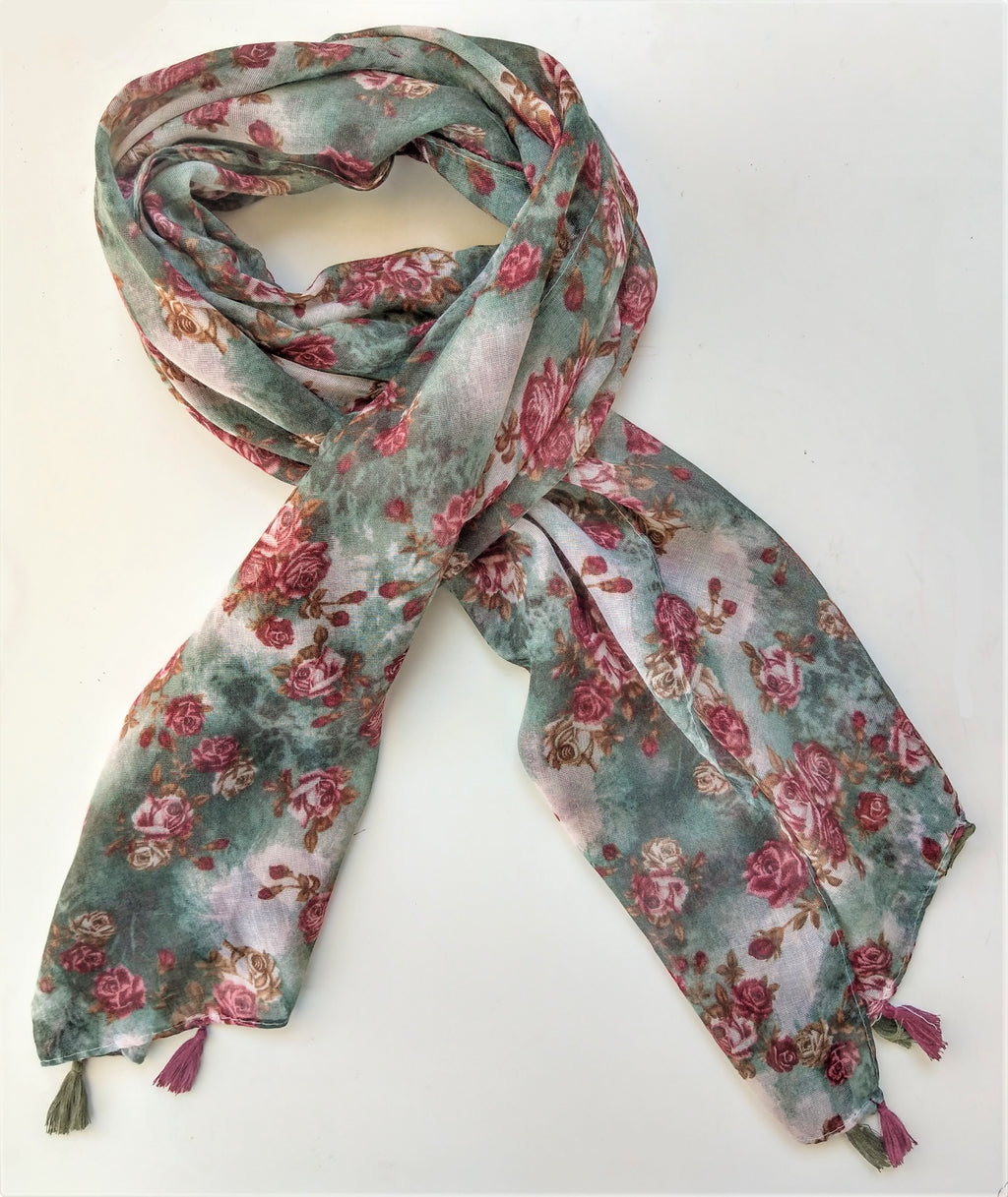 Green Scarf with Red Floral Print