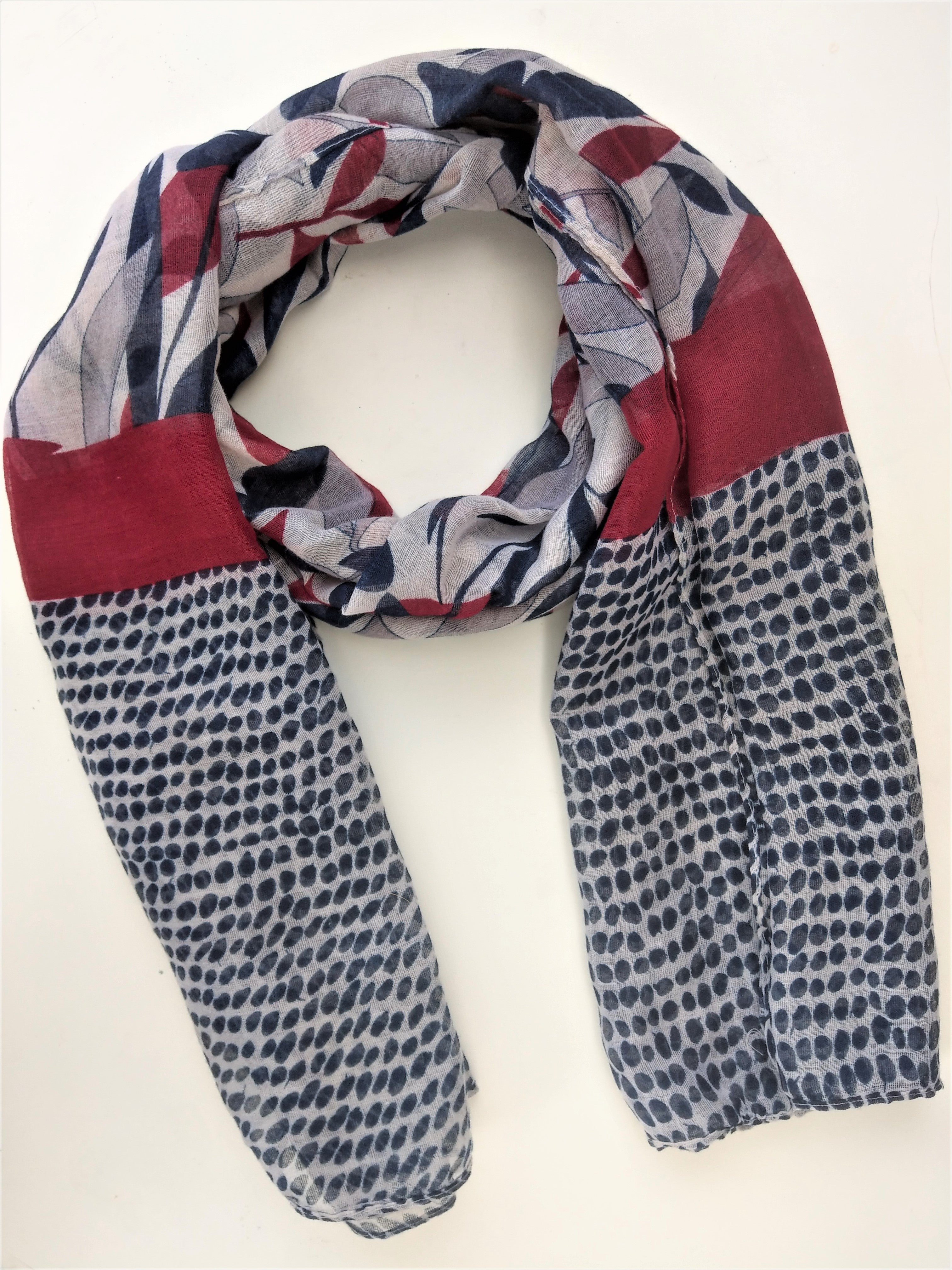 Multi-Pattern Scarf in Red and Navy Blue