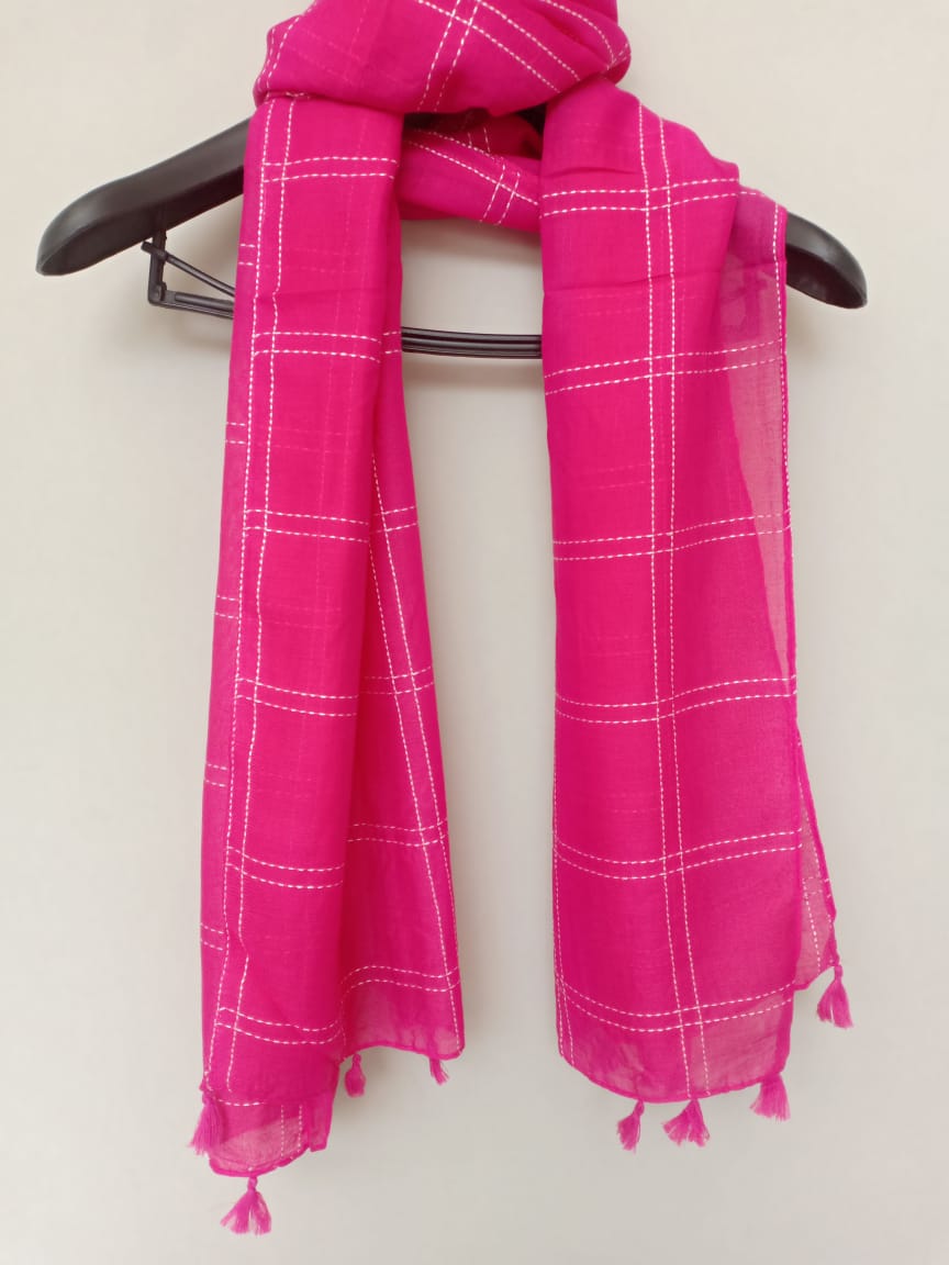 Magenta Scarf with Embroidered Stripes