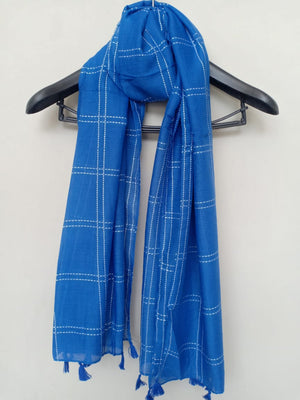 Vibrant Blue Scarf with Embroidered Stripes