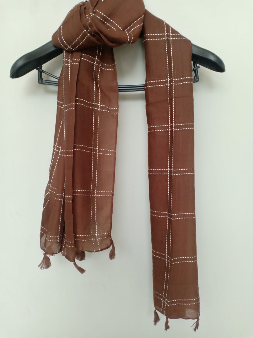 Vibrant Brown Scarf with Embroidered Stripes