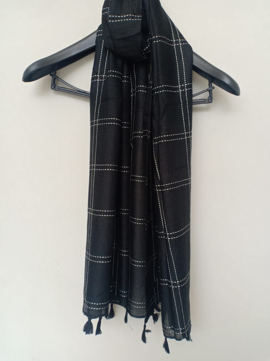 Vibrant Black Scarf with Embroidered Stripes