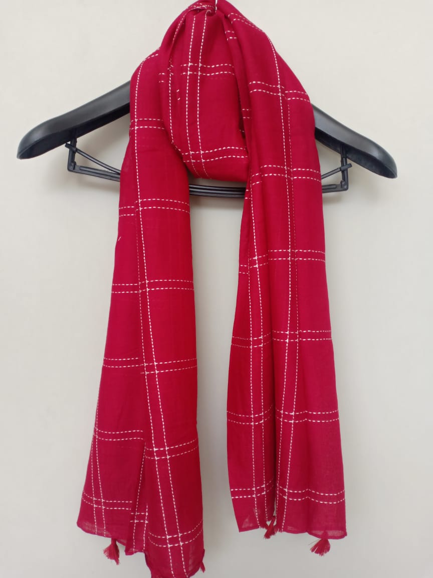 Ruby Red Scarf with Embroidered Stripes